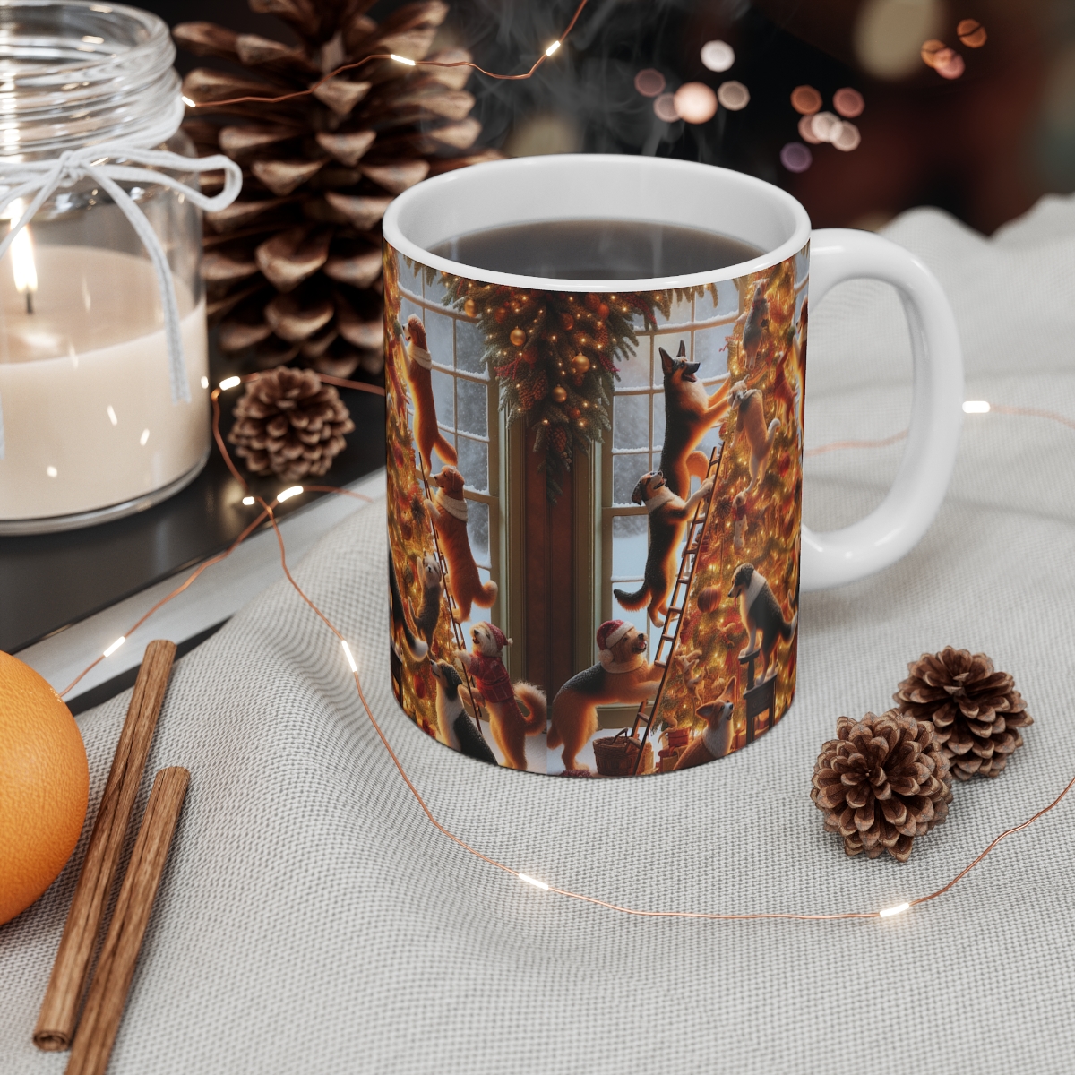 front view - Mug: Dogs Decorating a Christmas Tree with Snow Background