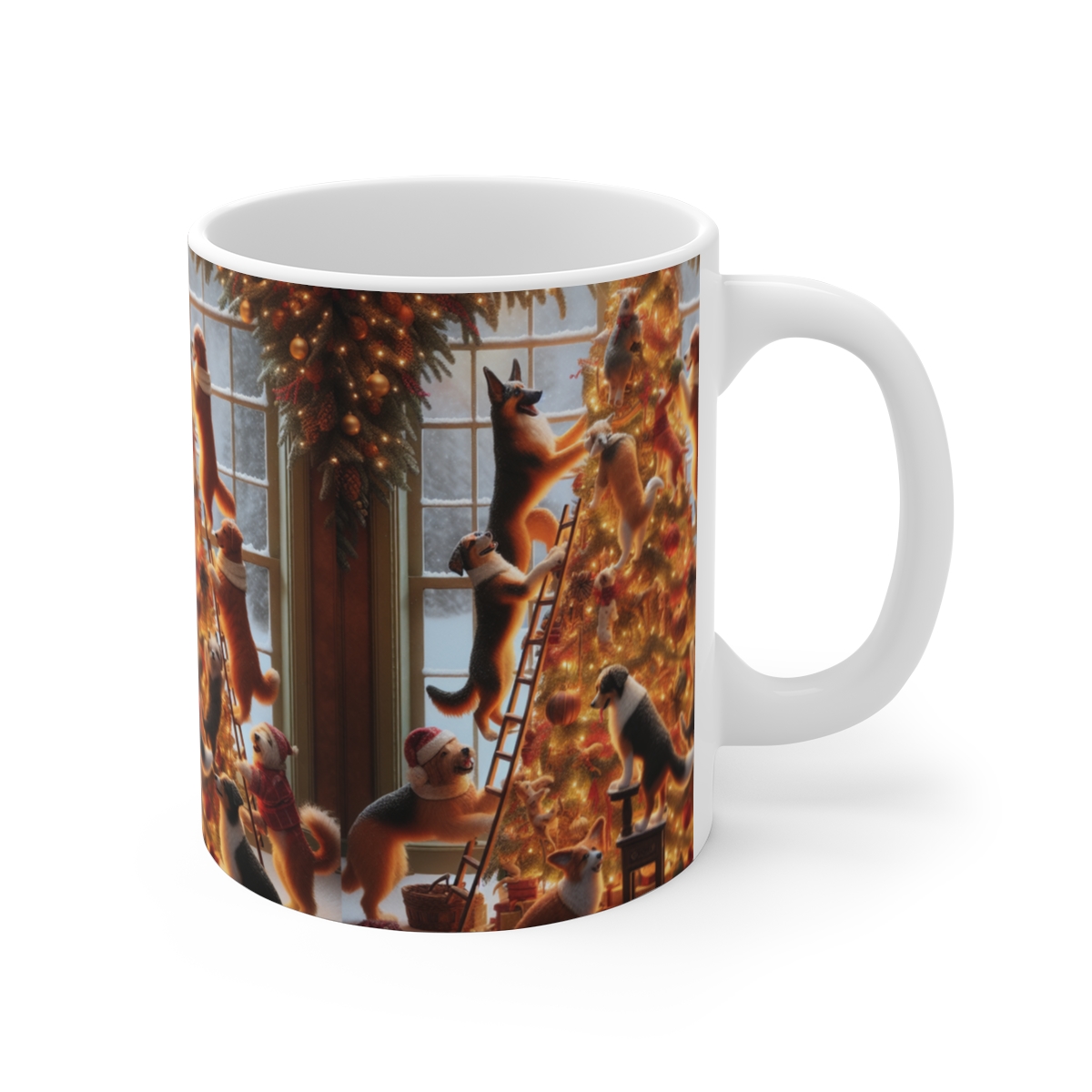 front view - Mug: Dogs Decorating a Christmas Tree with Snow Background