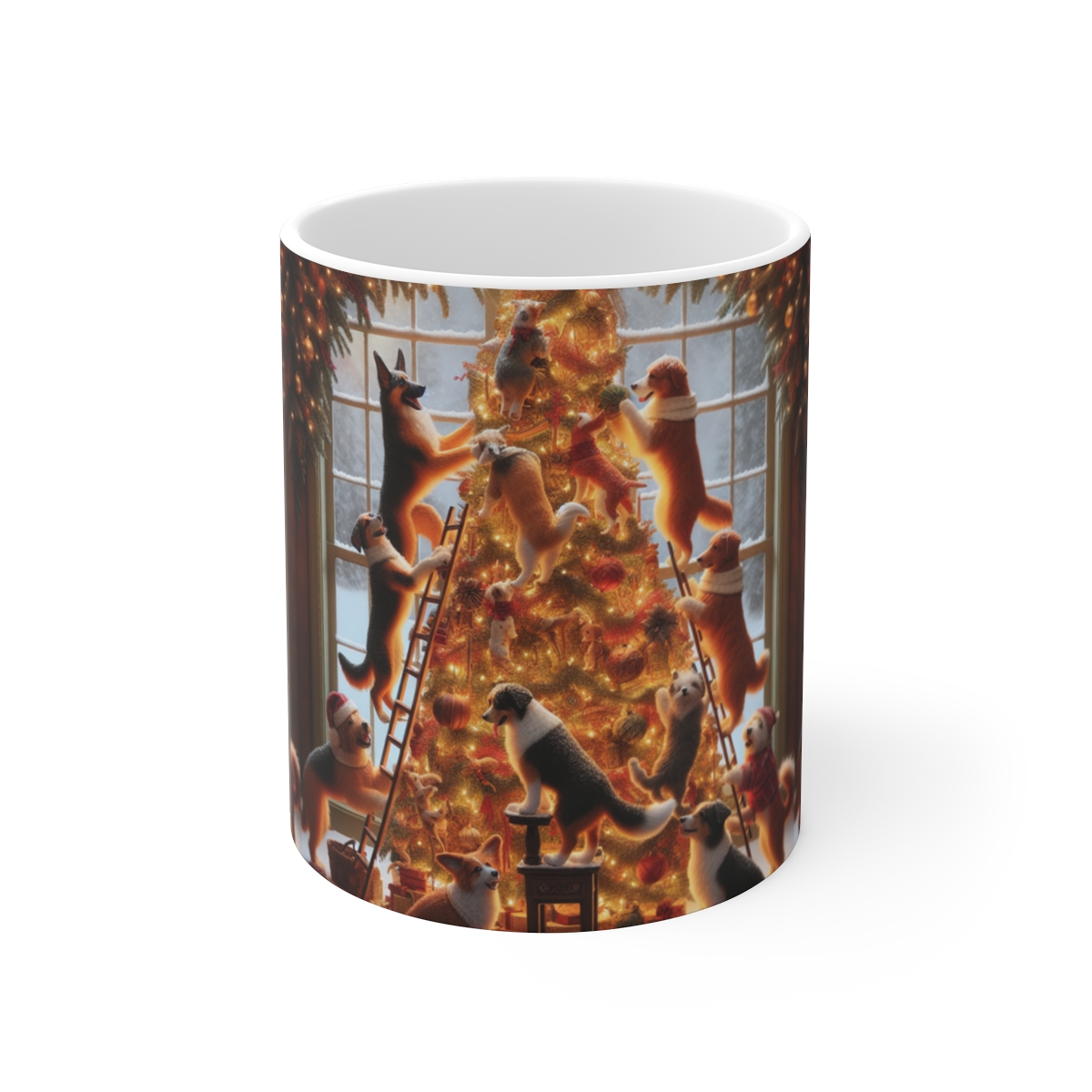 front view - Mug: Dogs Decorating a Christmas Tree with Snow Background