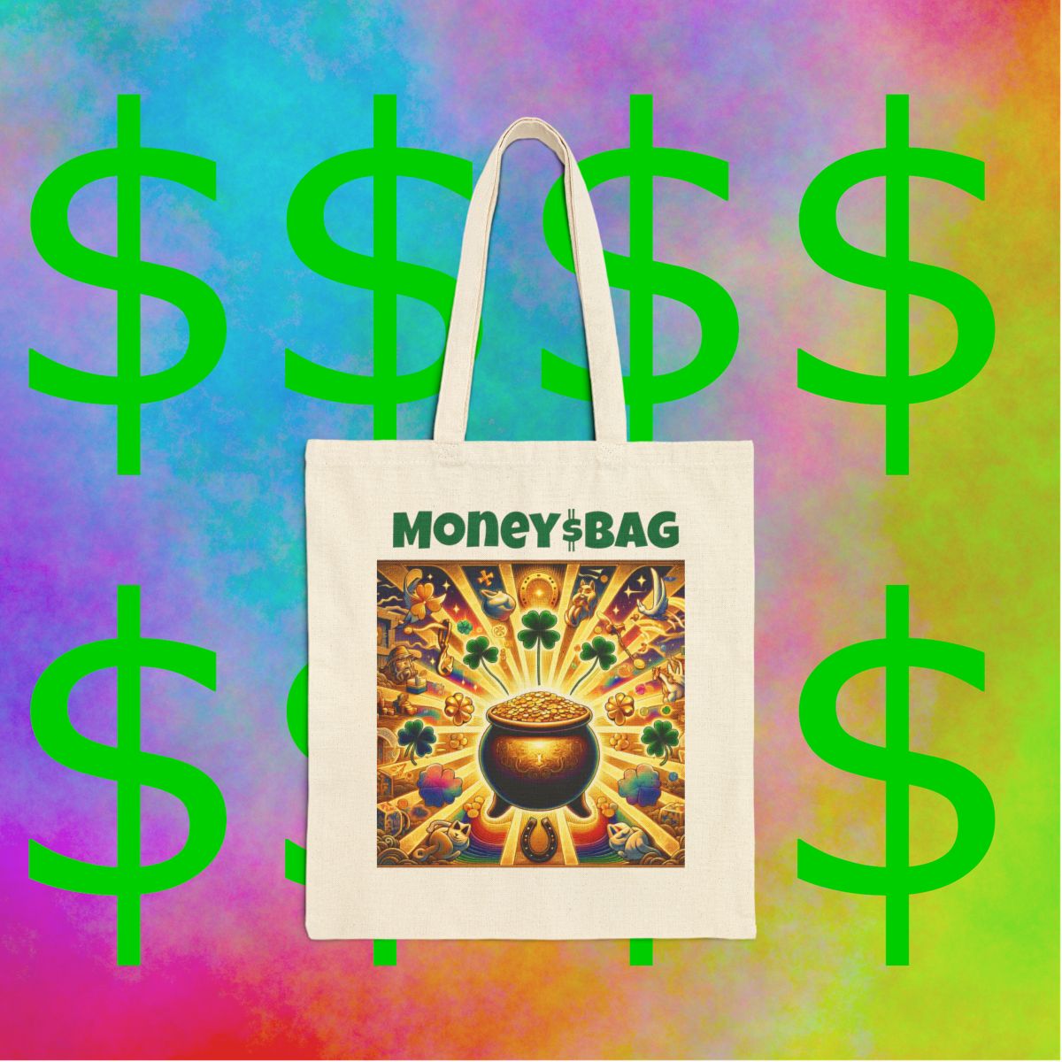 front view - Canvas Tote Bag Lucky Money $ Bag for Good Luck and Fortune