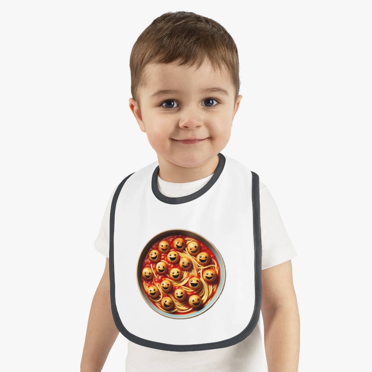 front view - Happy Meatballs Baby Contrast Trim Jersey Bib