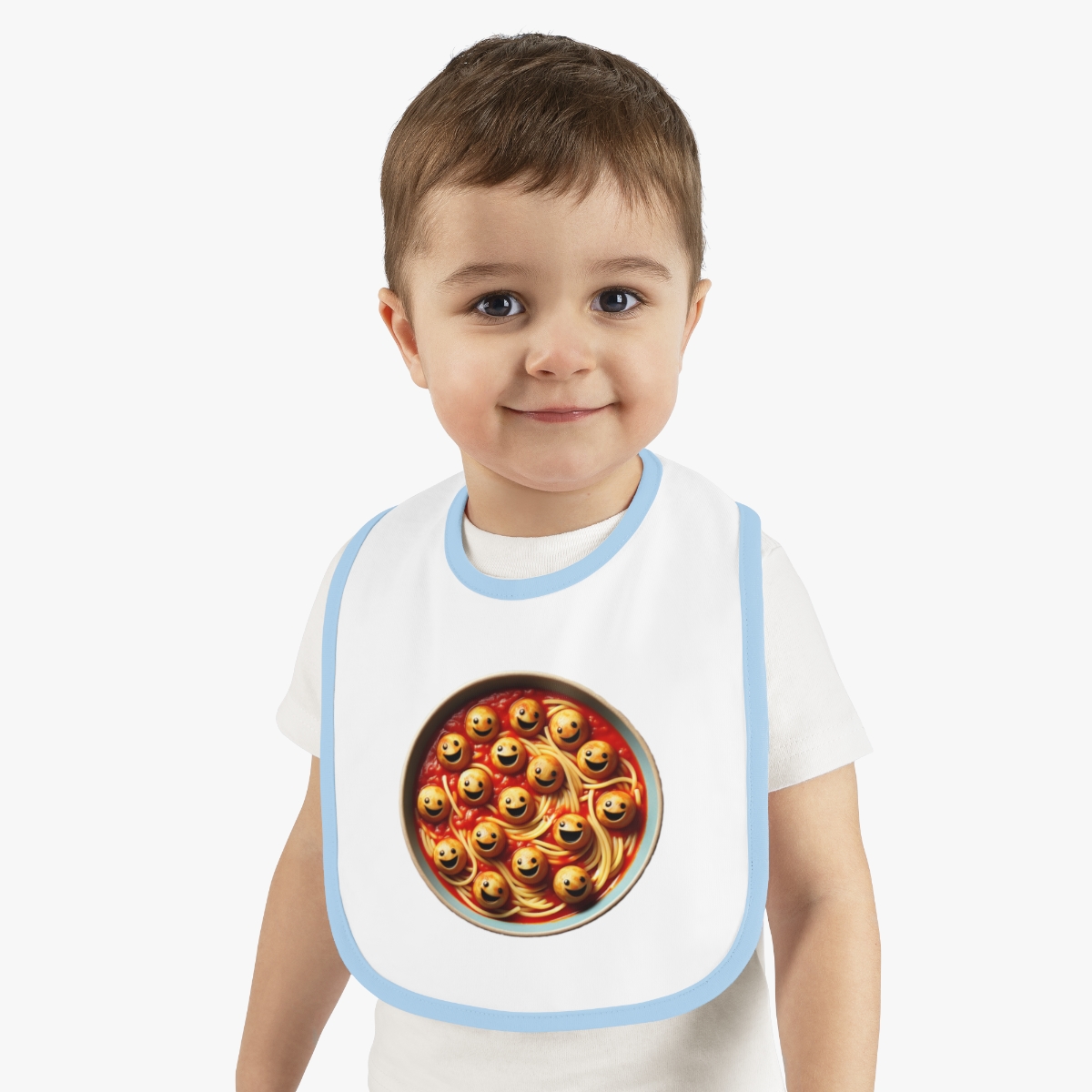 front view - Happy Meatballs Baby Contrast Trim Jersey Bib