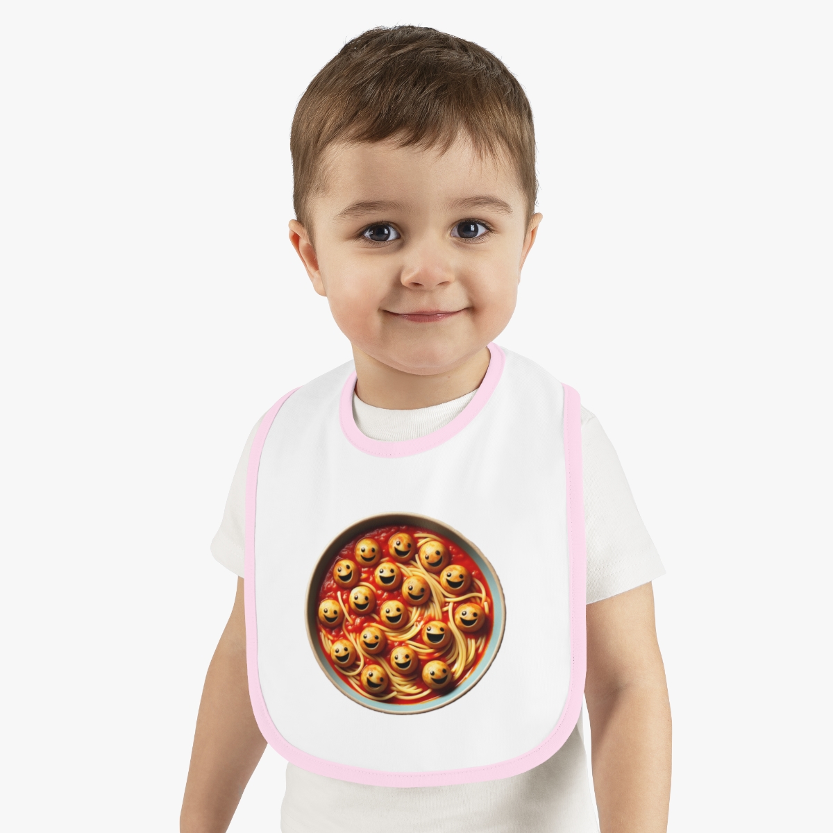 front view - Happy Meatballs Baby Contrast Trim Jersey Bib