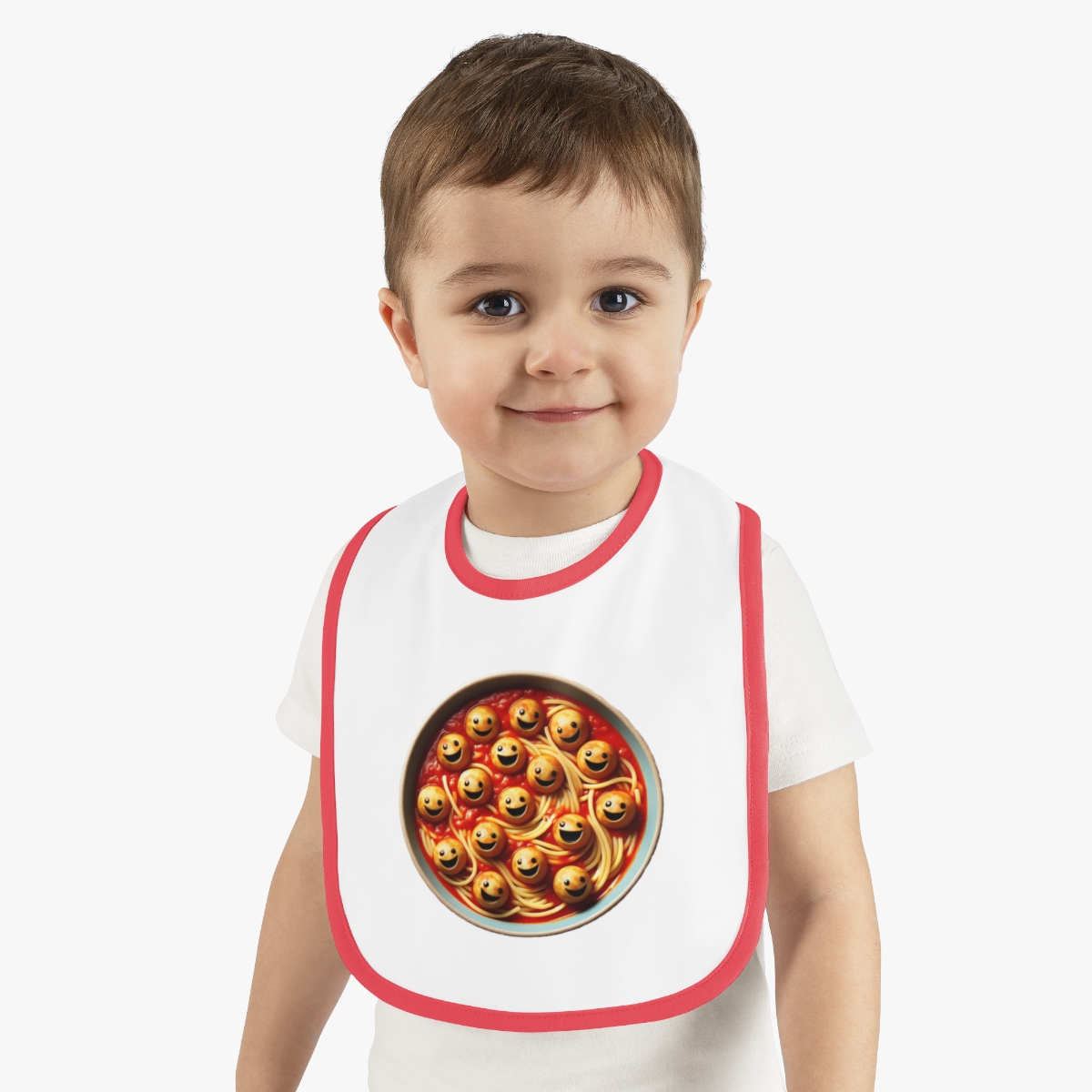 front view - Happy Meatballs Baby Contrast Trim Jersey Bib