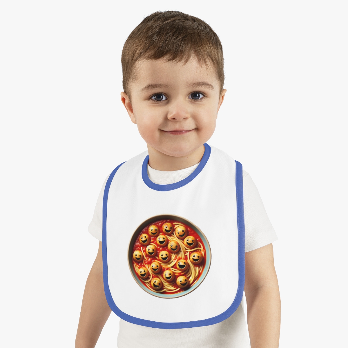 front view - Happy Meatballs Baby Contrast Trim Jersey Bib